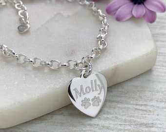 Paw print bracelet, dog / cat / pet name, personalised in sterling silver