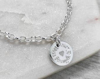 Engraved sterling silver charm bracelet, hope strength & love
