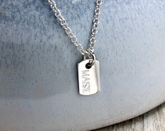 Dog tag name necklace personalised in sterling silver, unisex