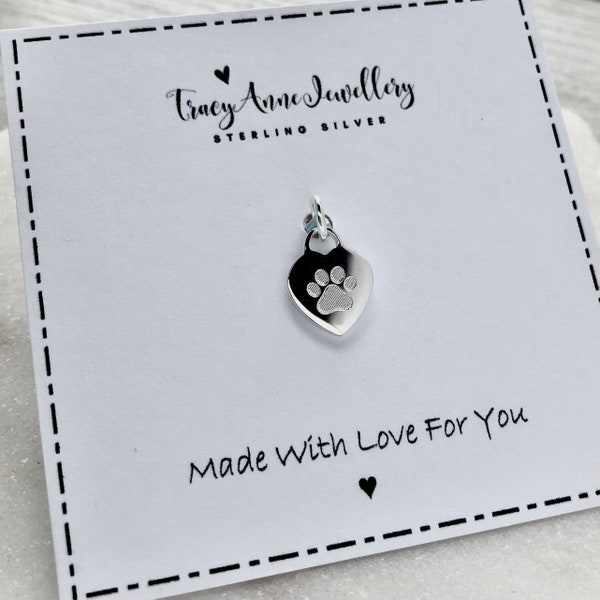 Sterling silver paw print charm engraved in sterling silver, personalised with pet's name