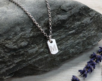 Boys / girls necklace with initial, tiny sterling silver dog tag