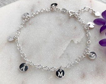 Sterling silver initials charm bracelet, TEENY TINY charms, dainty personalised gift