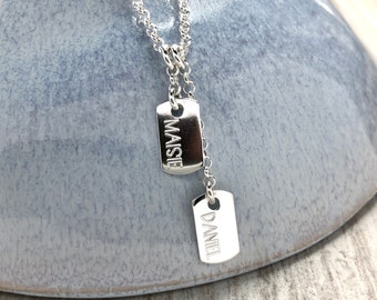 Dog tag name necklace personalised in sterling silver, unisex