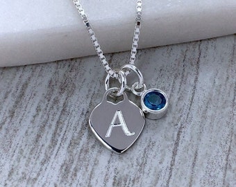 Initial necklace with birthstone, sterling silver and cubic zirconia crystal
