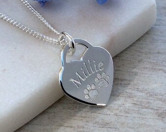 Personalised pet name necklace, engraved on sterling silver heart pendant