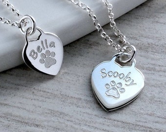 Paw print necklace in sterling silver personalised with pet’s name, small and dainty