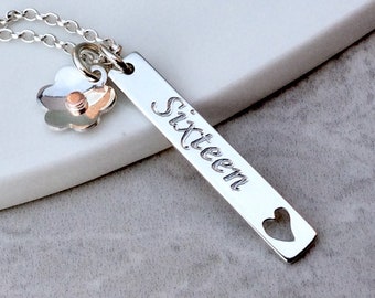 Sweet 16 necklace with name engraved on the back, sterling silver bar pendant with separate silver and copper flower charm