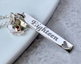 18th birthday necklace for girl, personalised sterling silver bar pendant with separate silver flower charm
