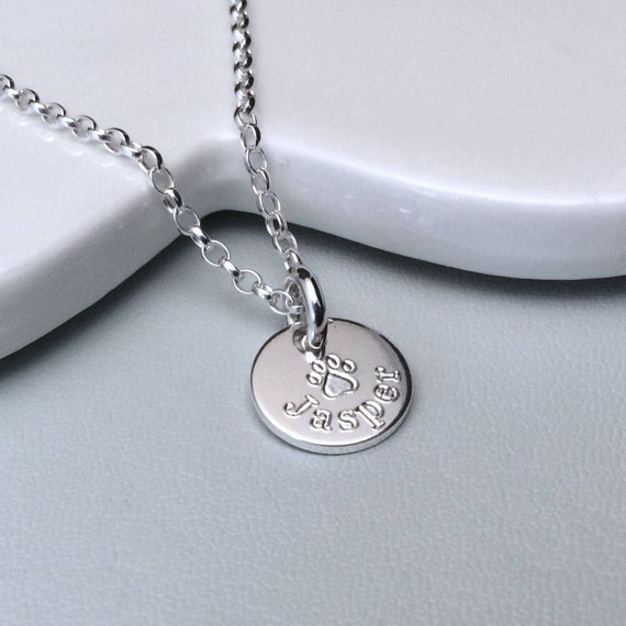 Personalised paw print necklace engraved in sterling silver, small and dainty