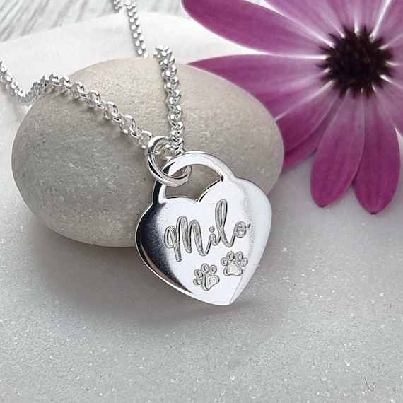 Sterling Silver Heart With Dog Paw Print and Engraved Name Necklace Sterling Silver Heart With Dog Paw Print and Engraved Name Necklace