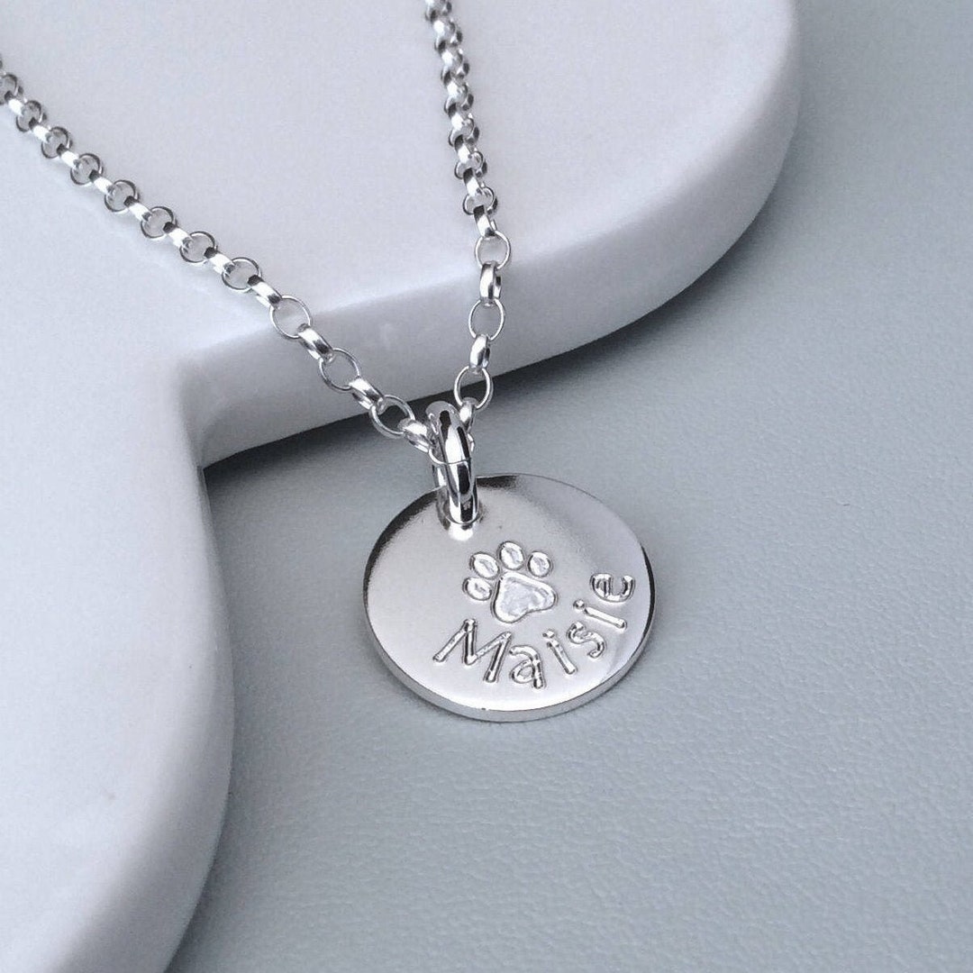 Paw Print Necklace Engraved in Sterling Silver With Pet's Name, Lovely ...