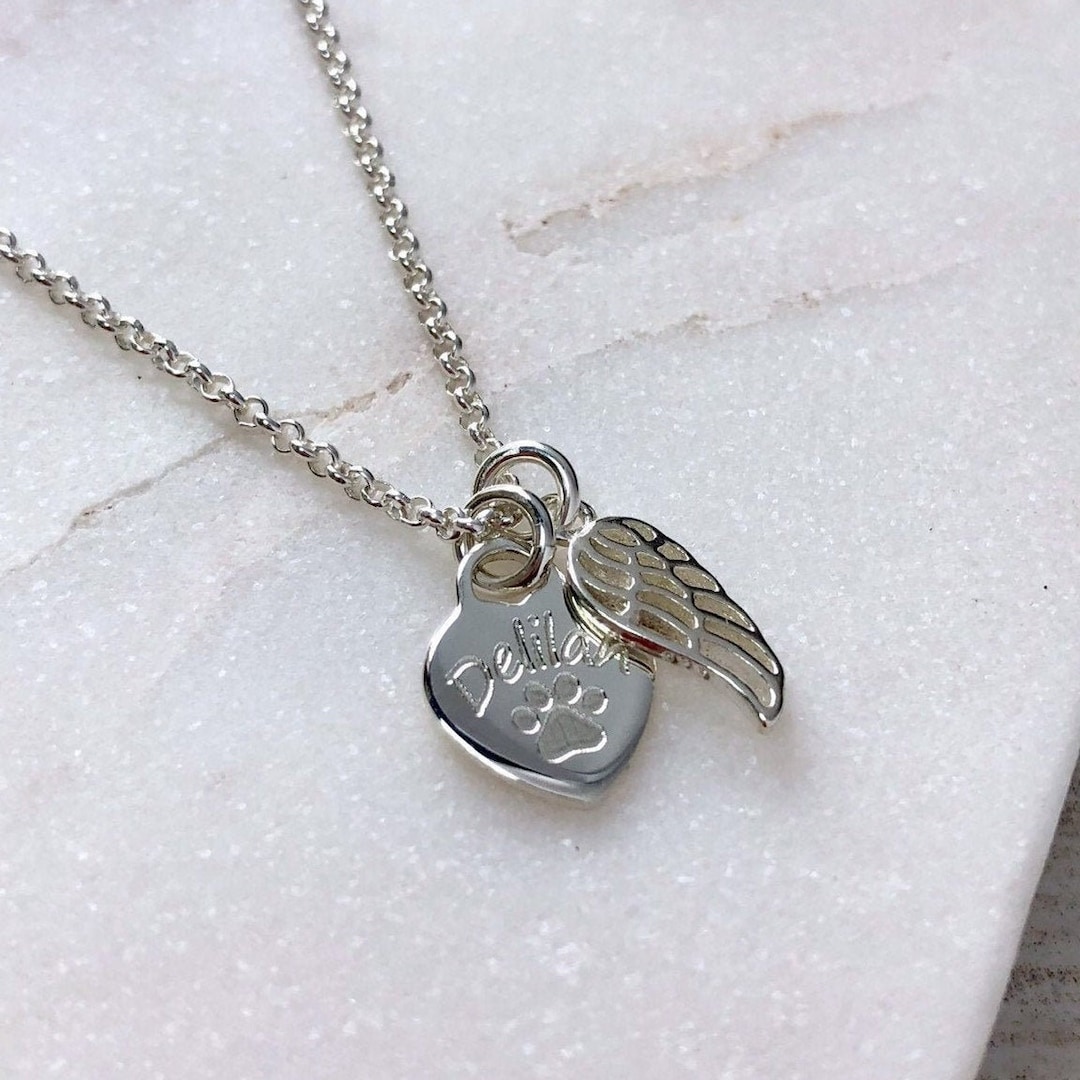 Paw Print Necklace With Angel Wing, Pet Loss, Pet Memorial, Sterling ...