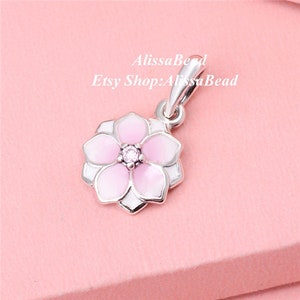 Bamoer S925 Sterling Silver Charm Magnolia Bloom Enamel Pink CZ Fitting Bracelet 
