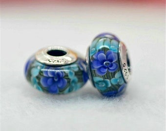 925 Sterling Silver Black Background with Orange and Purple Flowers Glass Charm Bead 925 Sterling Silver Black Background with Orange and Purple Flowers Glass Charm Bead