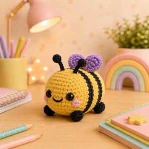 Peut inclure: Un petit jouet abeille crocheté et arrondi, doté d'un corps jaune à rayures noires horizontales, de deux ailes violettes, d'antennes noires et d'yeux noirs. L'abeille présente un sourire brodé, des joues roses et quatre petites pattes noires.