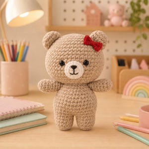 Peut inclure: Un ours en peluche crocheté marron clair avec un petit nœud en laine rouge attaché à l'oreille droite. L'ours possède un museau blanc, un nez et une bouche brodés en noir, ainsi que deux yeux en plastique noir, debout avec de courts bras.