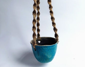 Hanging raku planter, turquoise raku pottery,  ceramic succulent pot, rustic ceramics,  macrame planter, perfect indoor garden, gift for her