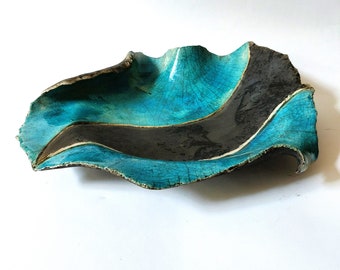 Raku pottery dish, tablecenterpiece, turquoise raku pottery, pottery anniversary, ceramic dish, unique gift, rustic, hand-built ceramics