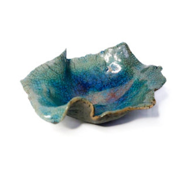 Plat turquoise Raku, plat construit à la main en céramique, poterie raku, plat en anneau, cadeau unique, décoration rustique, pour elle, support T-light