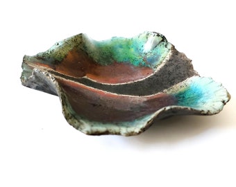 Raku pottery dish, tablecenterpiece, turquoise raku pottery, pottery anniversary, ceramic dish, unique gift, rustic, hand-built ceramics