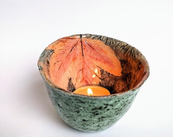 Woodland dish, T light holder, leaf trinket dish, ceramic bowl, gift for her, unique home gift, pottery anniverary, autumn leaves, new home