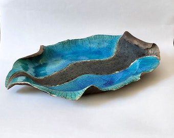 Raku pottery dish, tablecenterpiece, turquoise raku pottery, pottery anniversary, ceramic dish, unique gift, rustic, hand-built ceramics