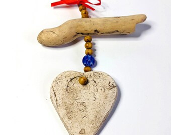 Ceramic and driftwood love heart gift, perfect Valentine's day gift, handmade ceramic heart, hanging heart, pottery heart, gift for her