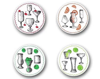 Cocktail Time Button Magnets | Round Magnets | Kitchen Refrigerator Magnets | Set of 4