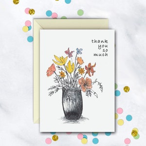 Pen & Ink Floral Thank You Notecards | Single Thank You Note | Note Set | Set Of 8 Cards With Envelopes | Thank You Notes For Any Occasion
