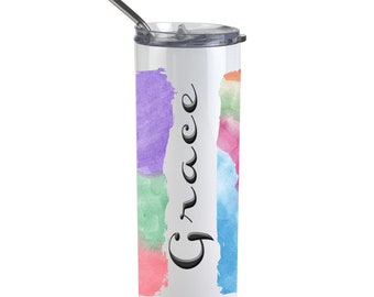 Personalized Tumbler | Watercolor Design | Custom Insulated Tumbler | Drink Bottle Gift | Personalized Water Bottle With Lid And Straw