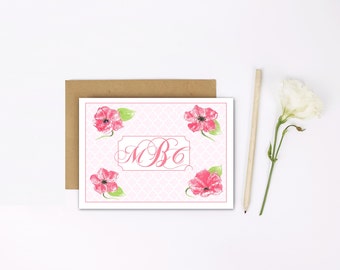 Personalized Monogram Notecard Set | Pink Floral Note Set | Personalized Stationery Set of 8 Notecards & Envelopes