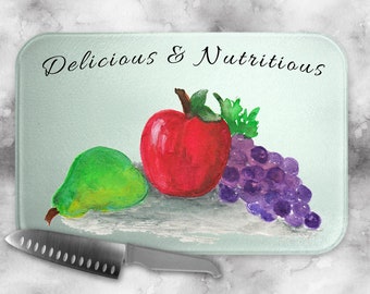 Glass Cutting Board | Delicious & Nutritious Fruit Design | Serving and Charcuterie Platter | Kitchen Decor | Housewarming Gift