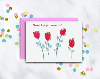 Red Tulips Thank You Notecards | Single Card | Thank You Notes | Note Set | Set Of 8 Cards With Envelopes | Thank You Notes For Any Occasion