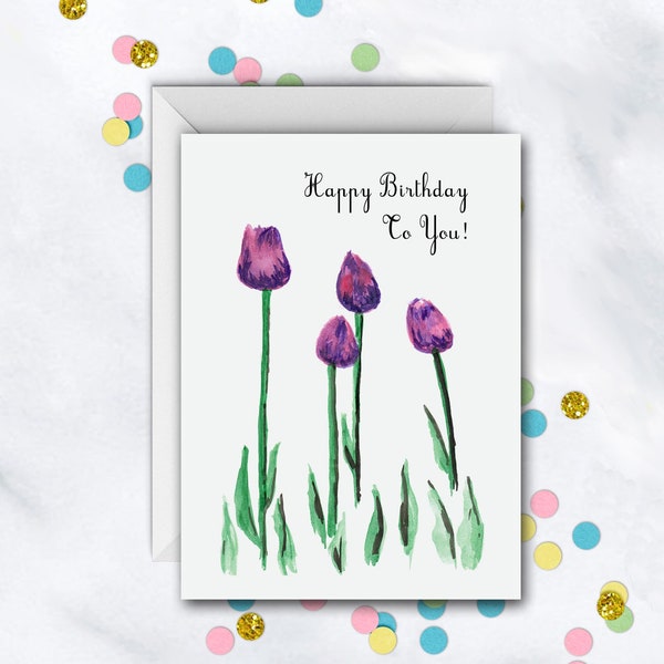 Birthday Tulips Card | Birthday Card For Her | Girl Birthday Card | Floral Card | Pretty Purple Flowers Card | Blank Card With Envelope