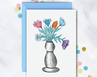 Floral Bud Vase Card | Birthday Card For Her | Girl Birthday Card | Floral Card | Pretty Blue Flowers Card | Blank Card With Envelope