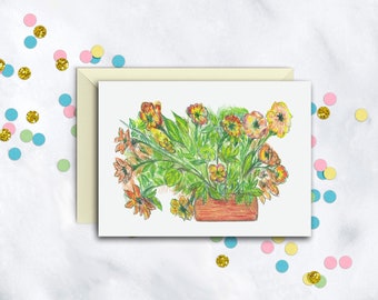 Potted Floral Bouquet Card | Blank Note Card | Floral Everyday Card | Thank You Note Set | Single Card | Set Of 8 Notes With Envelopes