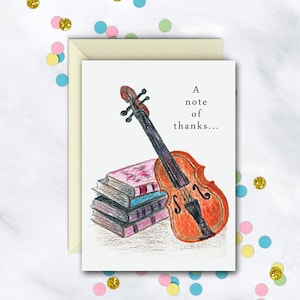 Violin & Books Thank You Notecards | Single Thank You Note | Note Set | Set Of 8 Cards With Envelopes | Thank You Notes For Any Occasion