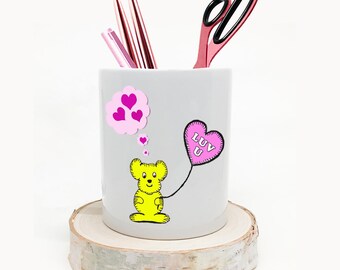 Luv U Pen Holder | Valentine's Day Makeup Holder | Desktop Organizer | Valentine's Day Gift | Teddy Bear | Seasonal Makeup & Pen Holder