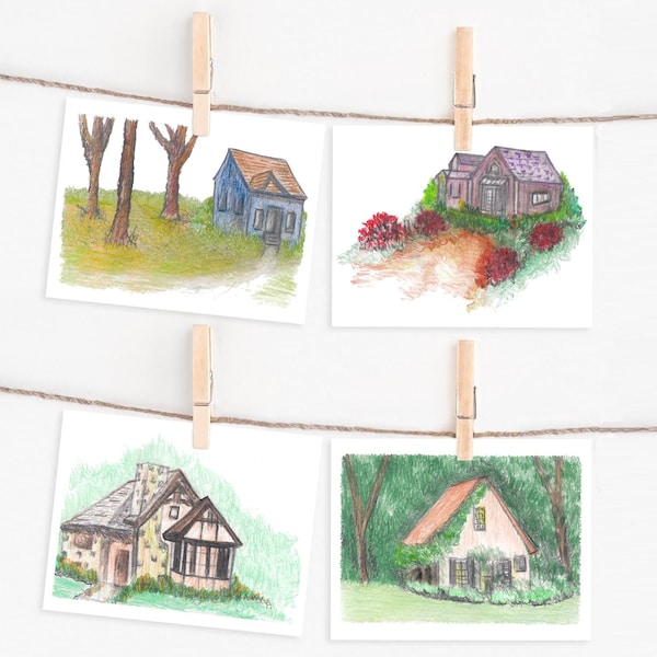 Country Cottages Note Set | Assorted Scenic Notecards | Notecard Set With Envelopes | Set of 8 Blank Notecards | Country Home Boxed Notes