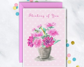 Pink Bouquet Card | Thinking Of You Note Card | Missing You Card | Friendship Note Card | Sympathy Card | Single Card | Greeting Card