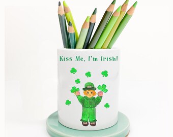 Kiss Me, I'm Irish Pen Holder | Saint Patrick's Day Gift | Desktop Organizer | Leprechaun | Luck Of The Irish | Seasonal Makeup & Pen Holder