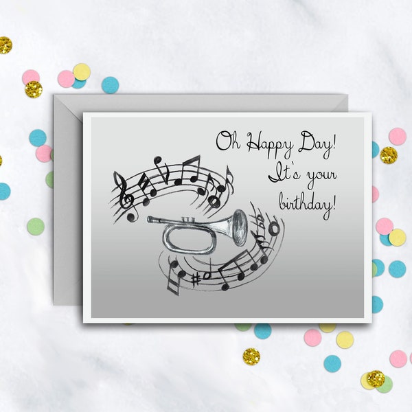 Birthday Trumpet Card | Music Lovers Birthday Card | Trumpet Player | Musical Notes | Blank Card With Envelope