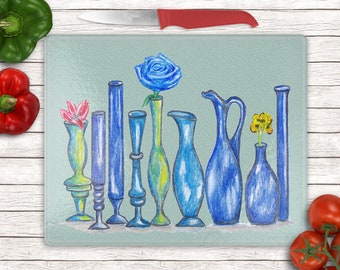Glass Cutting Board | Blue Vases Design | Serving & Charcuterie Platter | Kitchen Decor | Housewarming Gift