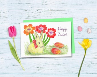 Easter Bunny Card | Easter Card | Religious Holiday Card | Single Card | Set Of 8 Cards | Happy Easter | Colorful Easter Flowers & Eggs Card