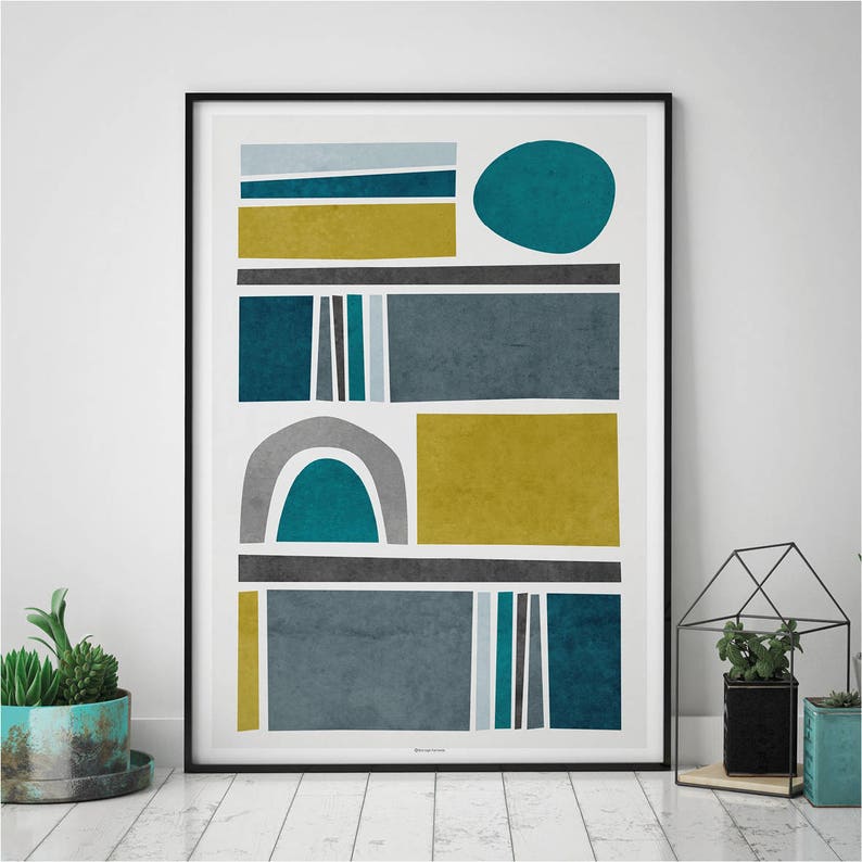 Modern Abstract Wall Art Print Teal and Yellow Living Room