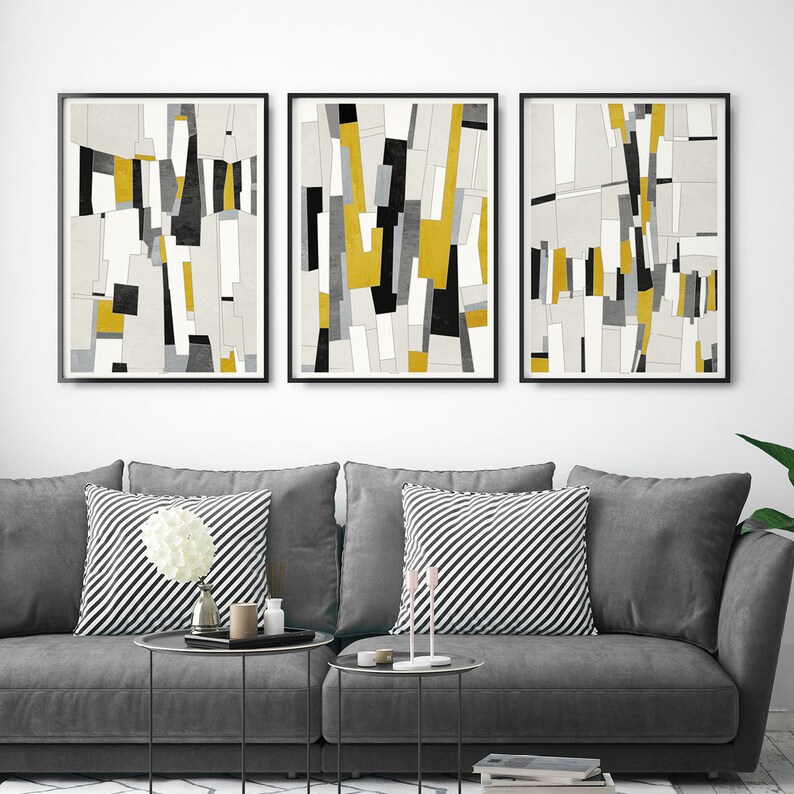 Large Abstract Prints Set of 3 Modern Wall Decor Mustard Etsy