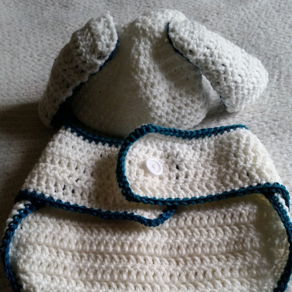 NEW Crochet Bunny Hat and Diaper Cover White With Blue Trim, Baby