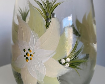 Painted Stemless Wine Glass with White Poinsettias.