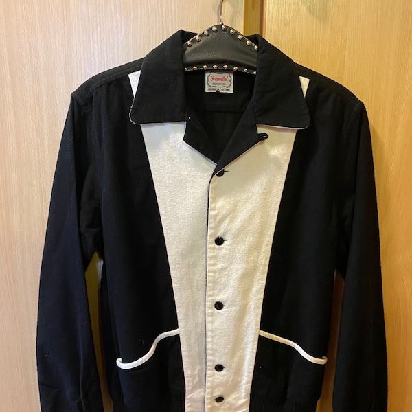 GREASEVILLE R&R estilo hecho en Japón 1950 estilo negro y blanco franela panel cardigan camisa - tamaño S/M