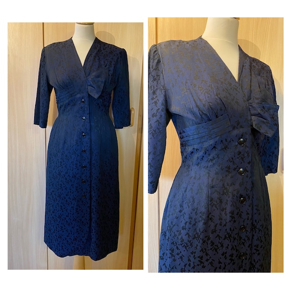 Vintage 1950s Blue and Black Brocade Wiggle Cockt… - image 1